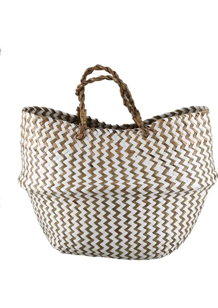 Katlanabilir El Yapımı Deniz Çayırı Depolama Sepeti Hasır Rattan Göbek Saman Bahçe Saksı Dalga Desen Ekici Elbise Sepeti Bej (Yurt Dışından)