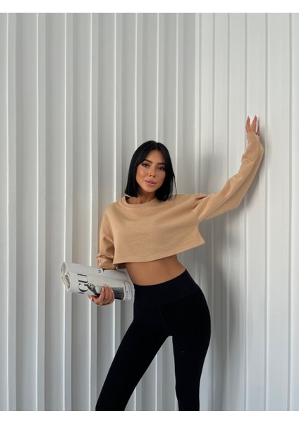 Daily Fashion Bej Crop Bisiklet Yaka Sweatshirt Y2K