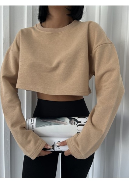 Daily Fashion Bej Crop Bisiklet Yaka Sweatshirt Y2K