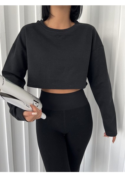 Daily Fashion Siyah Crop Bisiklet Yaka Sweatshirt Y2K Daily