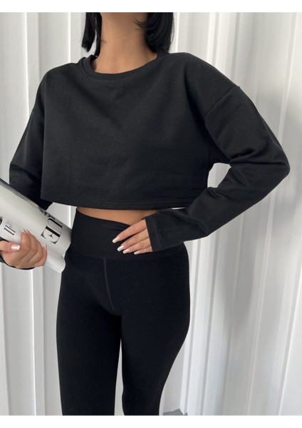 Siyah Crop Bisiklet Yaka Sweatshirt Y2K Daily