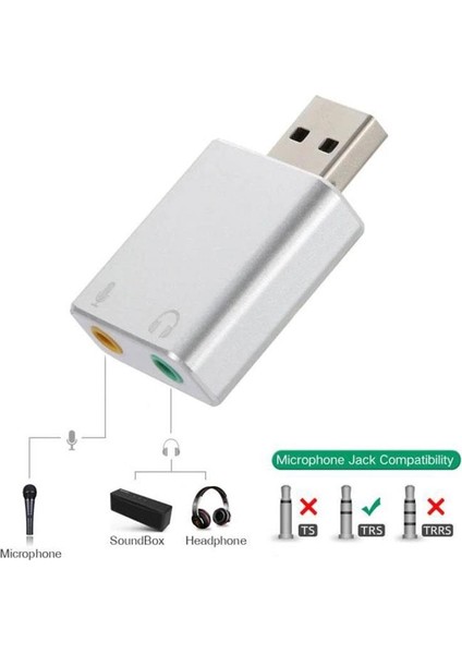 USB Harici 7.1 Stereo Ses kartı kulaklık mikrofon girişli gümüş