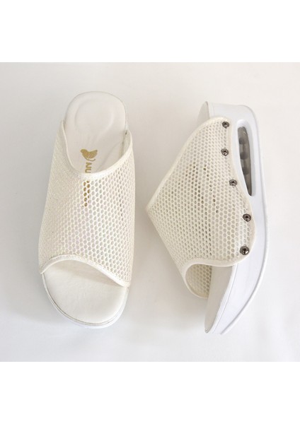 Ekru File Desenli Açık Airmax Ortopedik Terlik modelleri