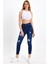 Lazer Detaylı Yüksek Bel Mavi Skinny Jean 3