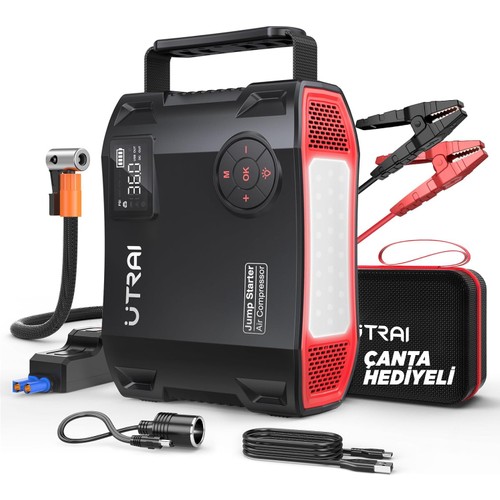 Utrai Jstar 5 24000mAh 2000A Jump Starter + Lastik Şişirme Pompası Taşınabilir Akü Takviye Cihazı (Çanta + LCD Ekran + Powerbank + Led Lamba)