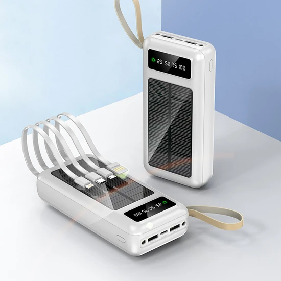 Robeve Acl 30000 Mah Powerbank Göstergeli Powerbank Solar Fenerli Güneş Enerjili Type C - Lightning - Micro USB - USB Kablolu Powerbank Taşınabilir Şarj Aleti Hızlı Şarj Aleti Powerbank Pw-61