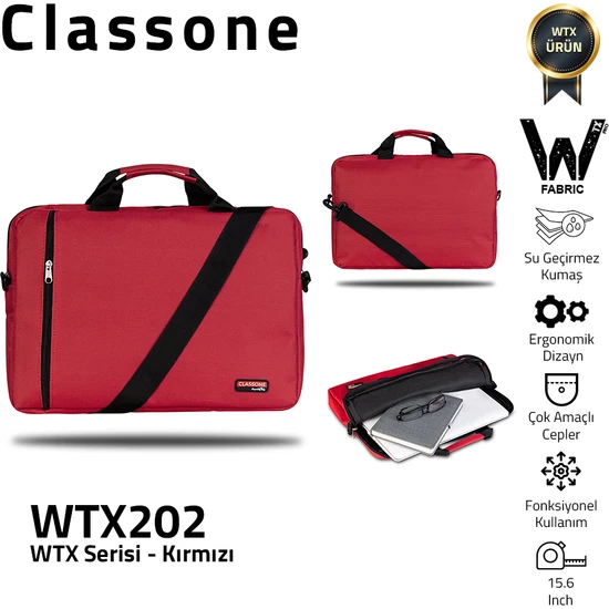 Classone WTX202 Wtxpro  Serisi 15.6 Inch Uyumlu Su Geçirmez Kumaş Macbook, Laptop , Notebook El Çantası- Kırmızı