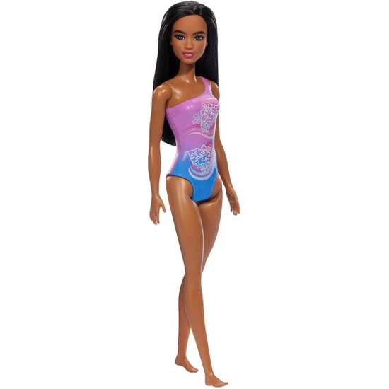 Barbie Plajda Bebekleri DWJ99 - Siyahi Mor Çiçekli Mayolu