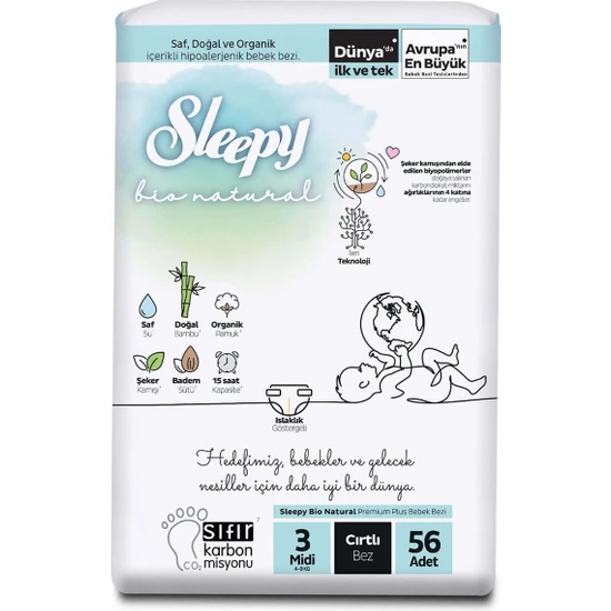 Sleepy Bebek Bezi Bio Natural 3 Numara Midi 56lı Jumbo Paket