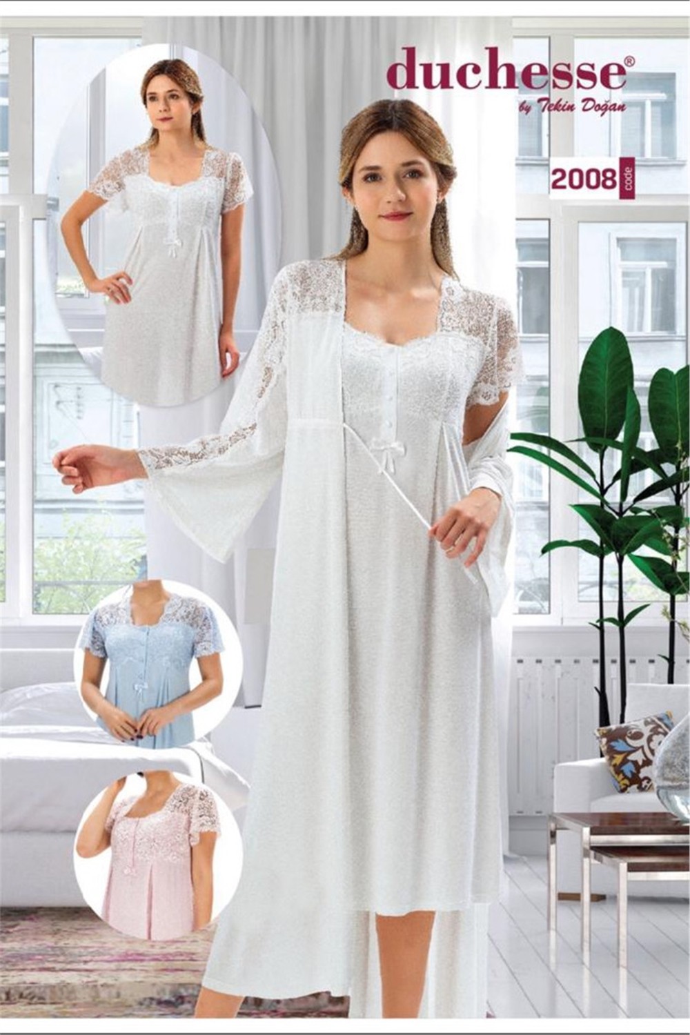 Duchesse 2008 Ekru Hamile Lohusa Sabahlıklı Gecelik Takım %60 Polyester %40 Viscose Zarif Tasarım