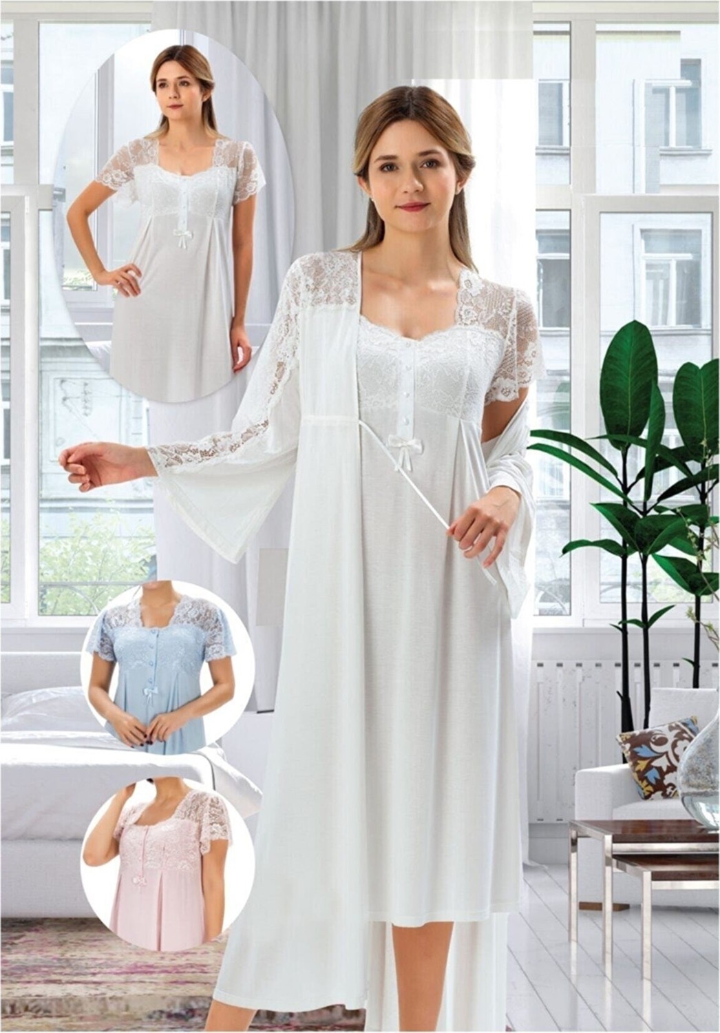 Duchesse 2008 Ekru Hamile Lohusa Sabahlıklı Gecelik Takım %60 Polyester %40 Viscose Zarif Tasarım görsel 3