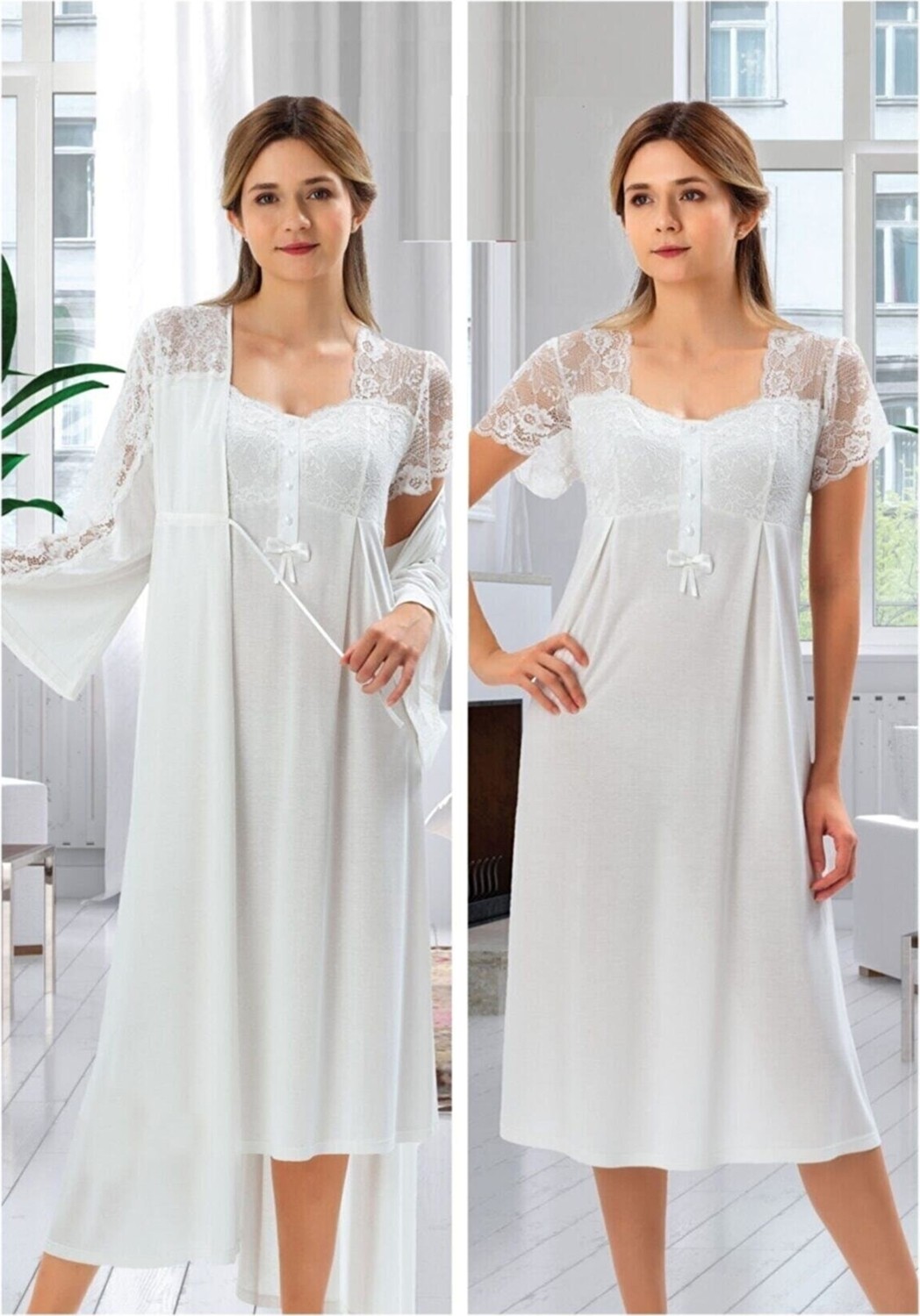 Duchesse 2008 Ekru Hamile Lohusa Sabahlıklı Gecelik Takım %60 Polyester %40 Viscose Zarif Tasarım görsel 2