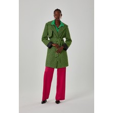 Mizalle Kadın Uzun Ceket Tüvit Desenli Yeşil %40 Polyester %37 Pamuk Regular Fit