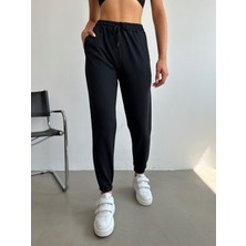 VivaJoy Kadın Siyah Yüksek Belli Jogger Eşofman Altı Paça Lastikli