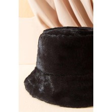 Bahels Siyah Peluş Yumuşak Dokulu Bucket Şapka