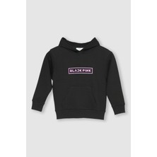 Kışlık Siyah Kapüşonlu Kız Çocuk Siyah  Oversize Baskılı Sweatshirt Hoodie