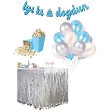 Parti Furyası Mavi-Gümüş 20 Adet Balon  banner Mısır Kutu Masa Etekli Tamamlayıcı Parti Seti