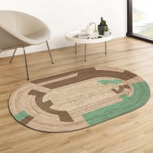 Soho Oval Geometrik Çark Desenli Natural Modern Baskılı Jüt Örme Halı Hasır Kilim 80X80 cm 80 x 150 cm