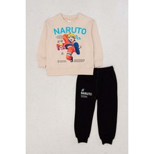 Hopi Kids Önü Naruto Baskılı Sweat Eşofmanı Lastikli Paça Takım - Bej - 6-7 Yaş