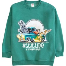 Hopi Kids Bisiklet Yaka Önü Baskılı Oversize Sweatshirt - Yeşil - 12-13 Yaş