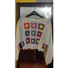 Deseo Boutique Kadın Taş Renk Standart Beden(34-36-38) Desenli Işleme Detaylı Kısa Boy Belde Triko Bluz