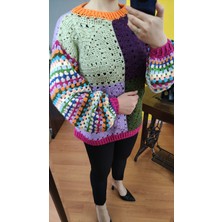 Deseo Boutique Kadın El Emeği Göz Nuru Tığ Işi (S-M-L Beden) El Örgüsü-Handmade-Hand-Knıtted Renkli Kazak