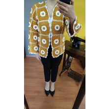 Deseo Boutique Kadın Hardal-Beyaz El Örgüsü Papatyalı Ceket Hırka