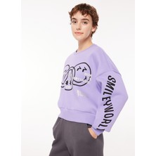 Never Say Never Kadın Lila Bisiklet Yaka Oversize Düz Smıley World Sweatshirt