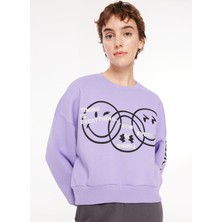 Never Say Never Kadın Lila Bisiklet Yaka Oversize Düz Smıley World Sweatshirt