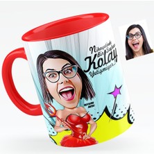 BK Kişiye Özel Bayan Karikatürlü Kırmızı Kupa Bardak - 4