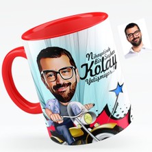 BK Kişiye Özel Bay Motorcu Karikatürlü Kırmızı Kupa Bardak - 1