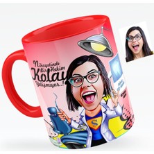BK Kişiye Özel Bayan Diş Hekimi Karikatürlü Kırmızı Kupa Bardak - 1