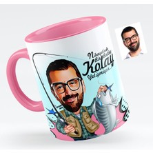 BK Kişiye Özel Bay Balıkçı Karikatürlü Pembe Kupa Bardak - 1
