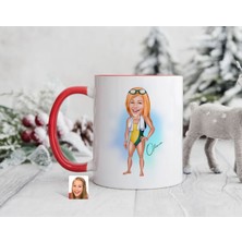 Bk Gift Kişiye Özel Kadın Yüzücü Karikatürlü Kırmızı Kupa Bardak-1, Sevgiliye Hediye, Arkadaşa Hediye