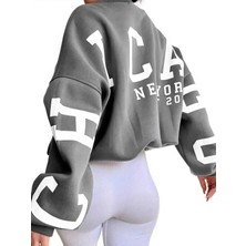 Trendseninle Kadın Füme Kolları Chicago Baskılı Oversize Bisiklet Yaka Sweatshirt