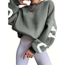 Trendseninle Kadın Füme Kolları Chicago Baskılı Oversize Bisiklet Yaka Sweatshirt