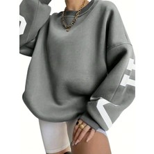 Trendseninle Kadın Füme Kolları Chicago Baskılı Oversize Bisiklet Yaka Sweatshirt