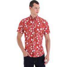 Hatemoğlu Kiremit Comfort Fit Baskılı  Pamuklu Kısa Kollu Casual  Gömlek