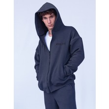 Vatkalimon Antrasit Şardonlu Oversize Kapşonlu Fermuarlı Sweatshirt