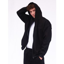 Vatkalimon Siyah Şardonlu Oversize Kapşonlu Fermuarlı Sweatshirt