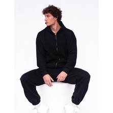 Vatkalimon Siyah Şardonlu Oversize Kapşonlu Fermuarlı Sweatshirt