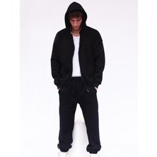 Vatkalimon Siyah Şardonlu Oversize Kapşonlu Fermuarlı Sweatshirt