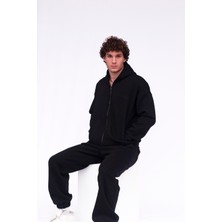 Vatkalimon Siyah Şardonlu Oversize Kapşonlu Fermuarlı Sweatshirt
