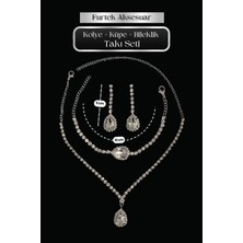Furtek Aksesuar Kadın Maesteso Beyaz Kristal Zirkon Taşlı Kolye + Küpe + Bileklik Gümüş Kaplama Kombin Takı Seti