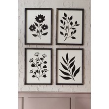 Wooden Factory Bitki ve Çiçek Desenli Tablo Seti - 4'lü Set, 3 mm Mdf, Siyah Ahşap Çerçeveli, 30X40 Cm, Uv Baskılı