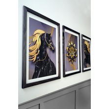 Siyah At Desenli 3'lü Set, 30X40 Cm, 3 mm Mdf, Siyah Ahşap Çerçeveli, Uv Baskılı
