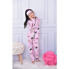 Lolli Boom Kids Yeni Sezon Kız Çocuk Düğmeli Pijama Takımı Mickey & Daisy Friends Baskılı Göz Bandı Dahil