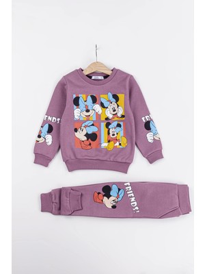 NSE Collection Kız Çocuk Minnie Mouse Baskılı 3 Iplik Şardonlu Kışlık Sweat ve Eşofman Alt Üst Takım