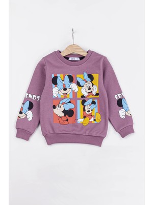 NSE Collection Kız Çocuk Minnie Mouse Baskılı 3 Iplik Şardonlu Kışlık Sweat ve Eşofman Alt Üst Takım