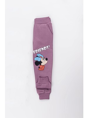 NSE Collection Kız Çocuk Minnie Mouse Baskılı 3 Iplik Şardonlu Kışlık Sweat ve Eşofman Alt Üst Takım